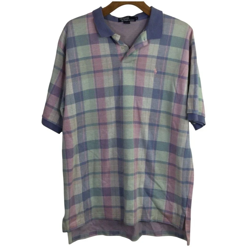 Polo by Ralph Lauren Mens Vintage 90’s Polo Shirt Pastel Pink Blue Plaid Size XL